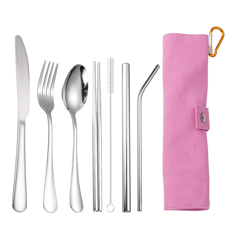 7-Piece 304 Stainless Steel Flatware Chopstick Spoon Straw Fork Knife Tableware Set W/Bag(Model A)