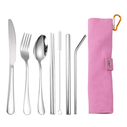 7-Piece 304 Stainless Steel Flatware Chopstick Spoon Straw Fork Knife Tableware Set W/Bag(Model A)