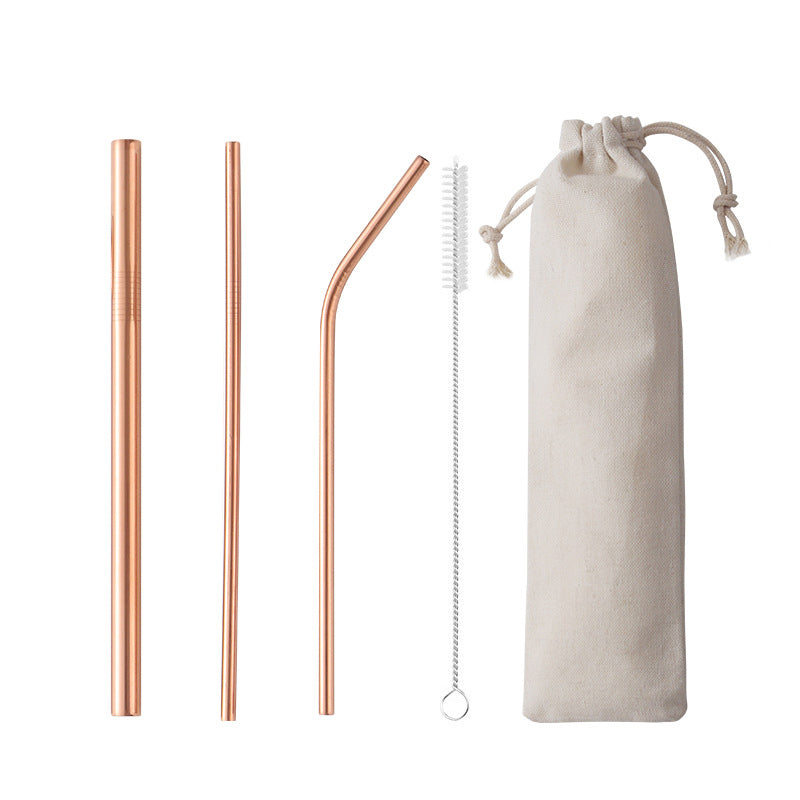 4-Piece 304 Stainless Steel Drinking Flatware Straw Set W/Drawstring Bag(Gold & Rose Gold & Rainbow)