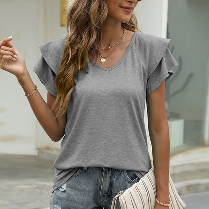 Women's Basic Casual Tee V-neck Short Sleeve Plain Shirt