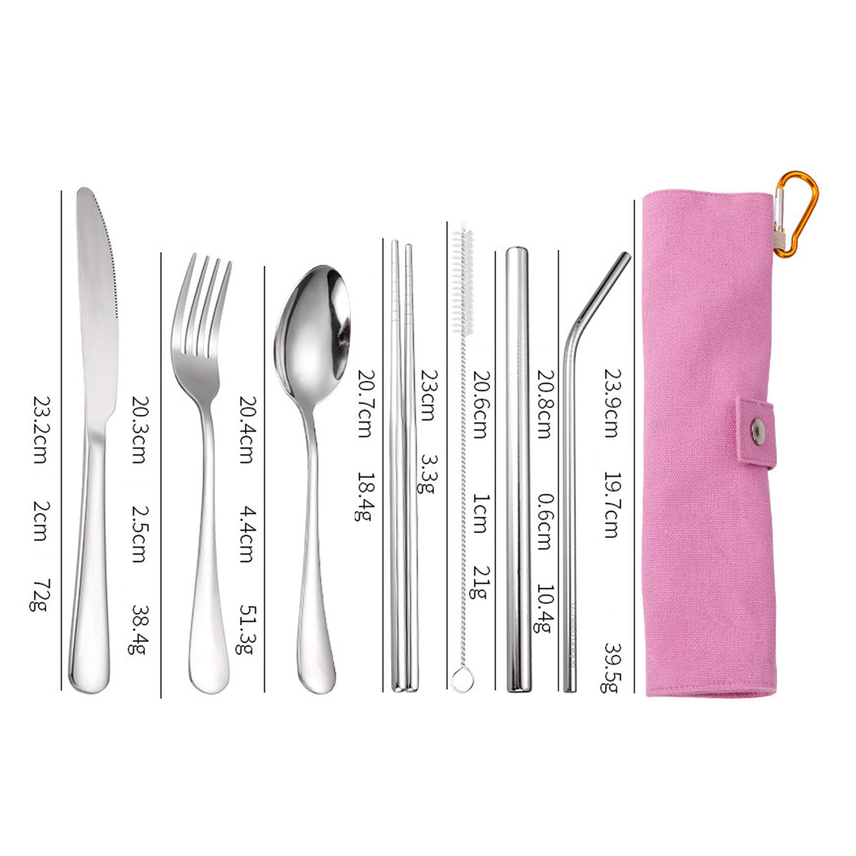 7-Piece 304 Stainless Steel Flatware Chopstick Spoon Straw Fork Knife Tableware Set W/Bag(Model A)