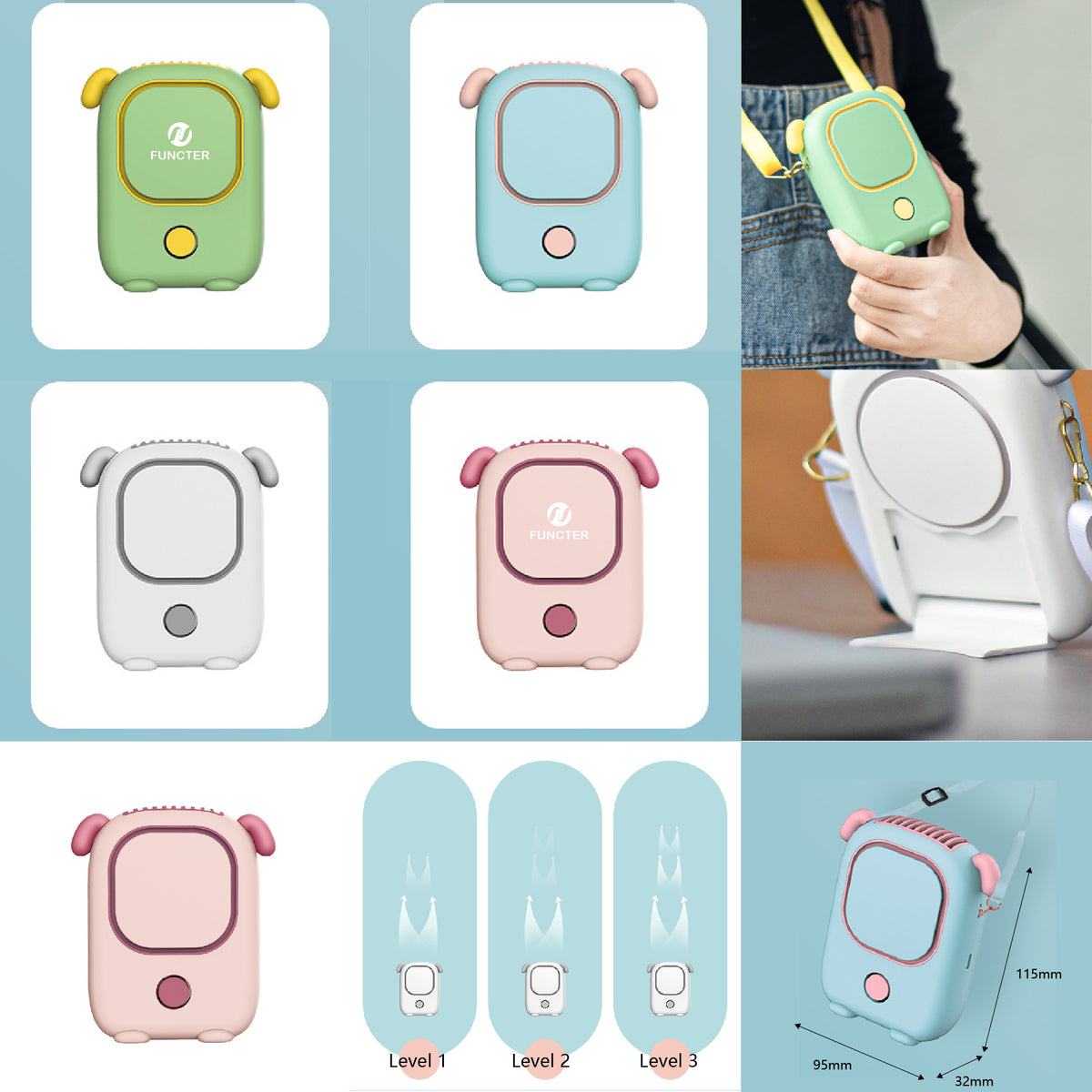 Cute Portable Hanging Neck Fan Rechargeable Necklace Fan Mini Leafless Fan Dog Ears