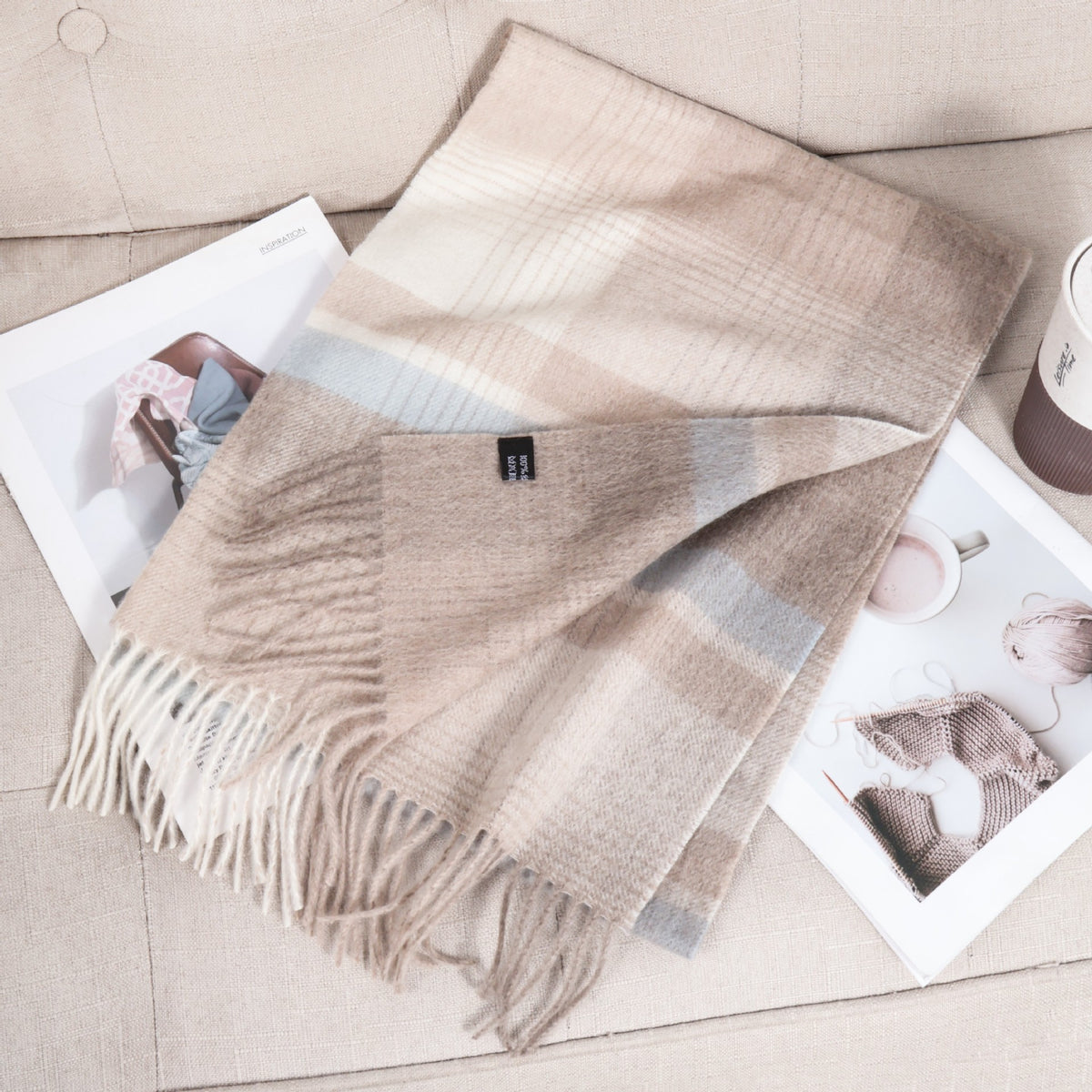 69'' Cashmere 100% Lambswool Tartan Scarf Warm Autumn Winter Scarf Solid Color Fringed Wool Scarf