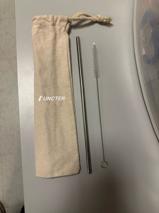 Stainless Steel Straight Straw In Drawstring Canvas Bag W/ Brush