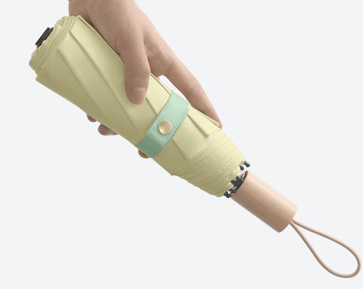 Windproof Solid Wood Handle Solid Color Three Fold Umbrella