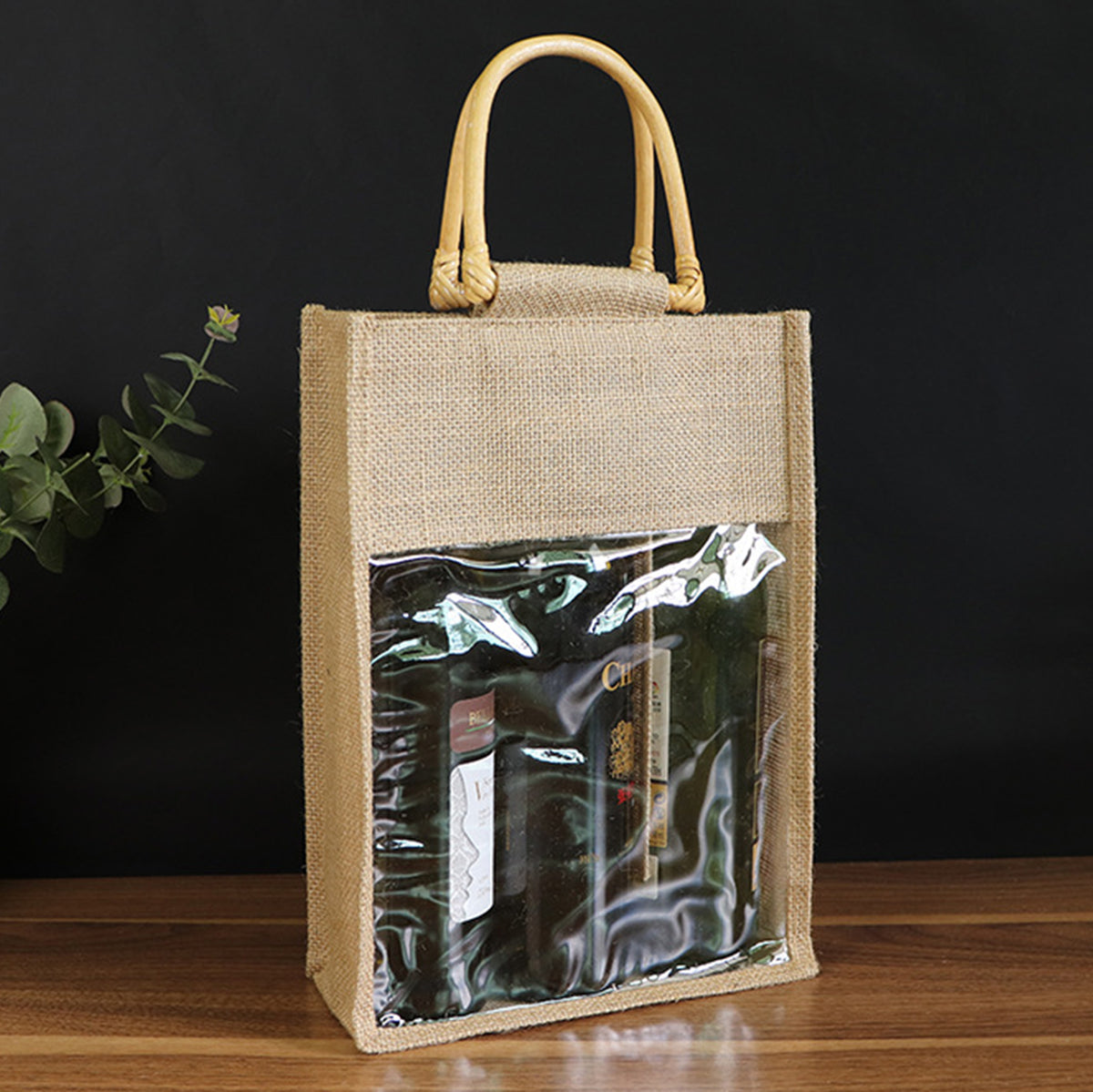 3 Bottles Wine Bag Cane Handles Jute Wine Tote w/ Window