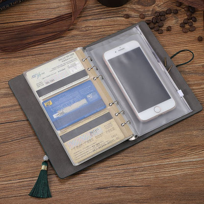 Retro A6 PU Leather Journal Daily Notebook With Clear Card Slots And Zippered Bag