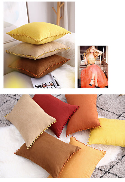 Full Printed 15 x 8" Pompoms Pillowcase Velvet Ball Tassel Trimmed Pompom Fringe Cute Pillowcase