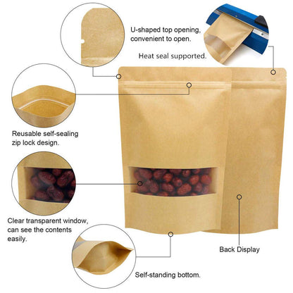 6.3 x 8.7" Kraft Bags with Window Stand Up Ziplock Seal Paper Bag Resealable Food Storage Pouch