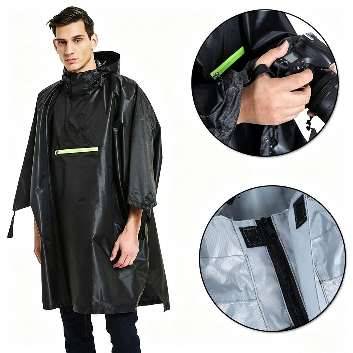 Waterproof Photography Rain Poncho, Hooded Rain Cape with Zipper Pocket & Storage Bag