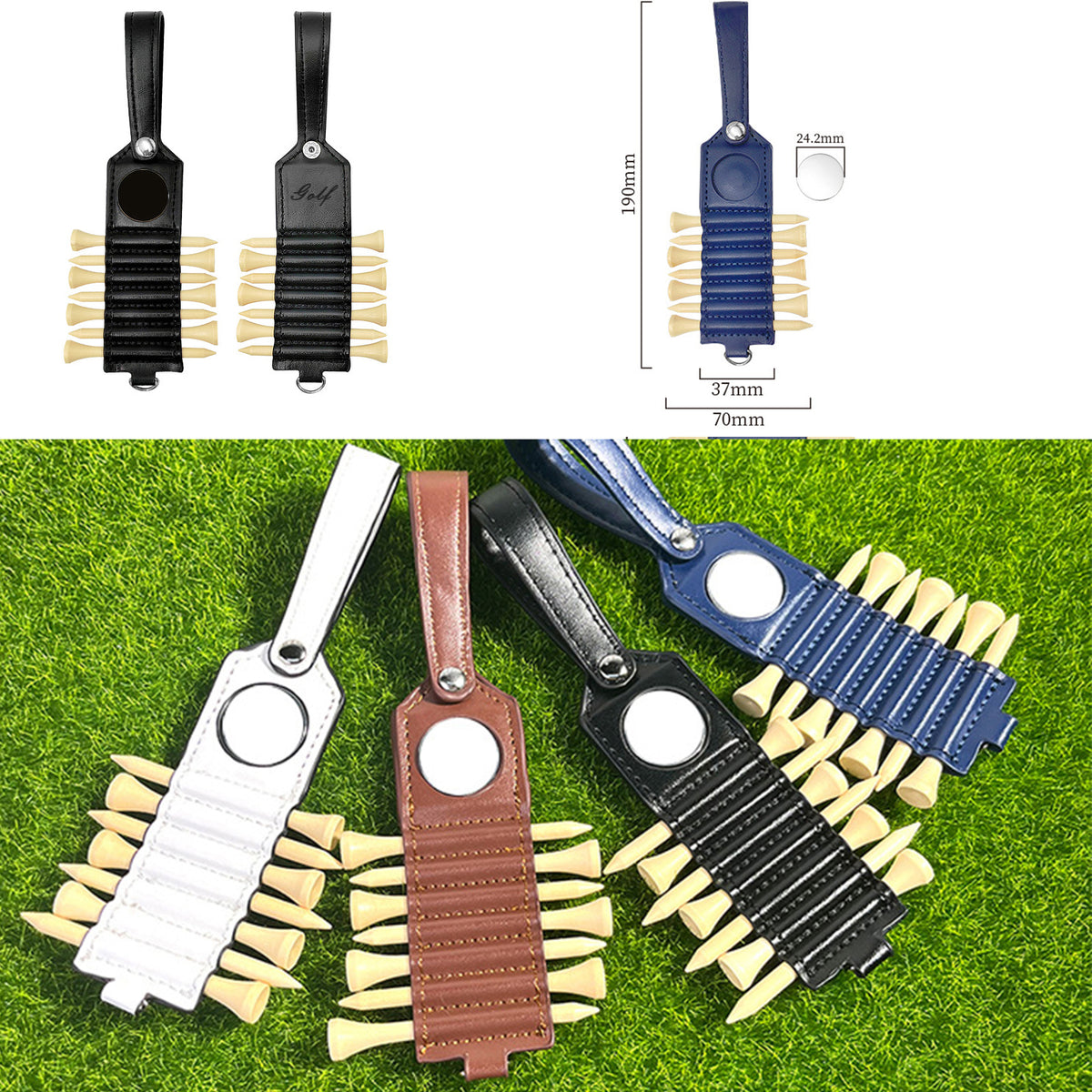 Golf Tees Bag, PU Leather Golf Tee Holder Carry Pouch Waterproof Golf Tees Bag Pouch 7 Slots Display