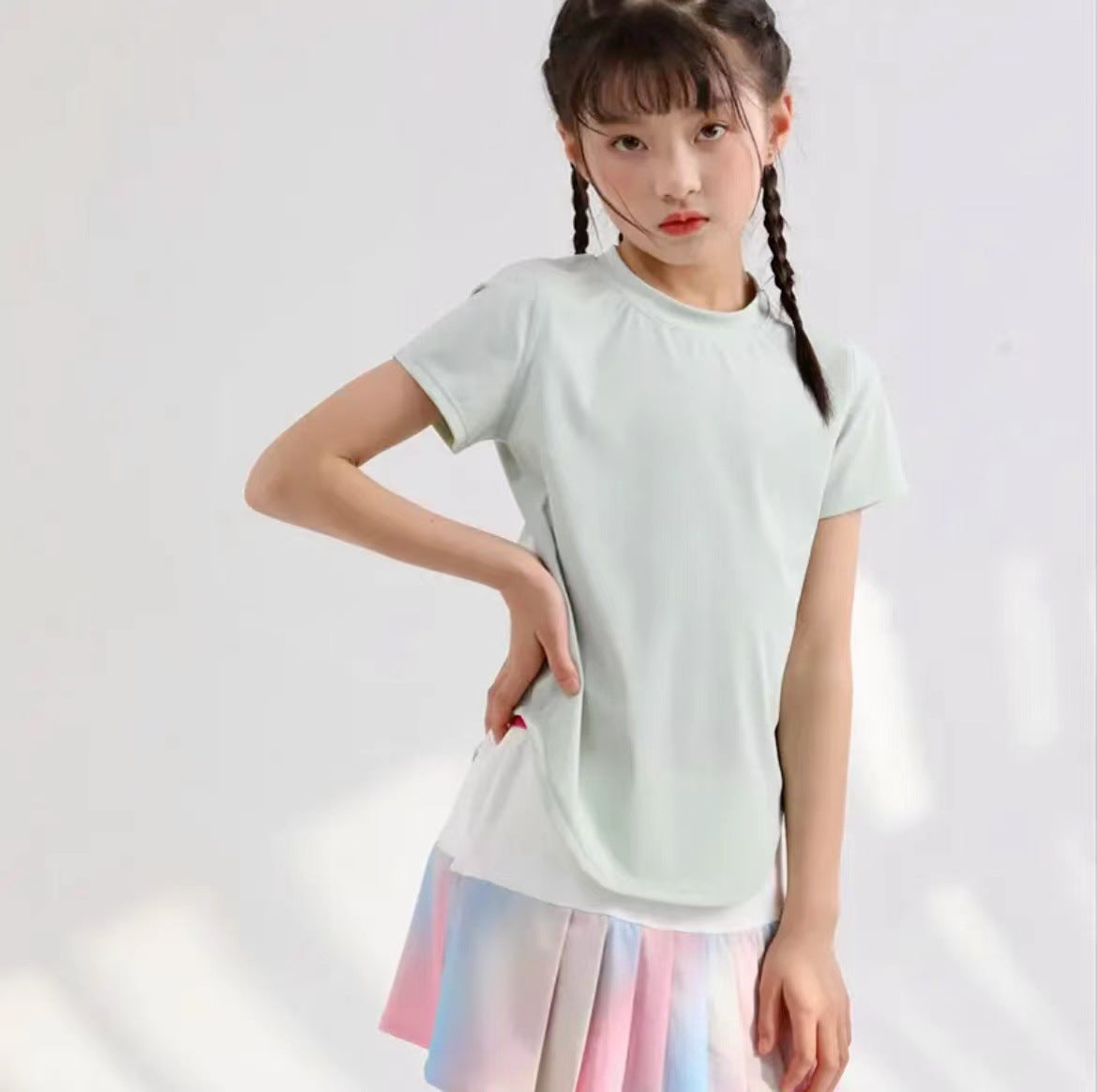 Teens Yoga Ice Touch Lotus Leaf Hem Short Sleeve Quick Dry Running Sports Fitness T-shirt