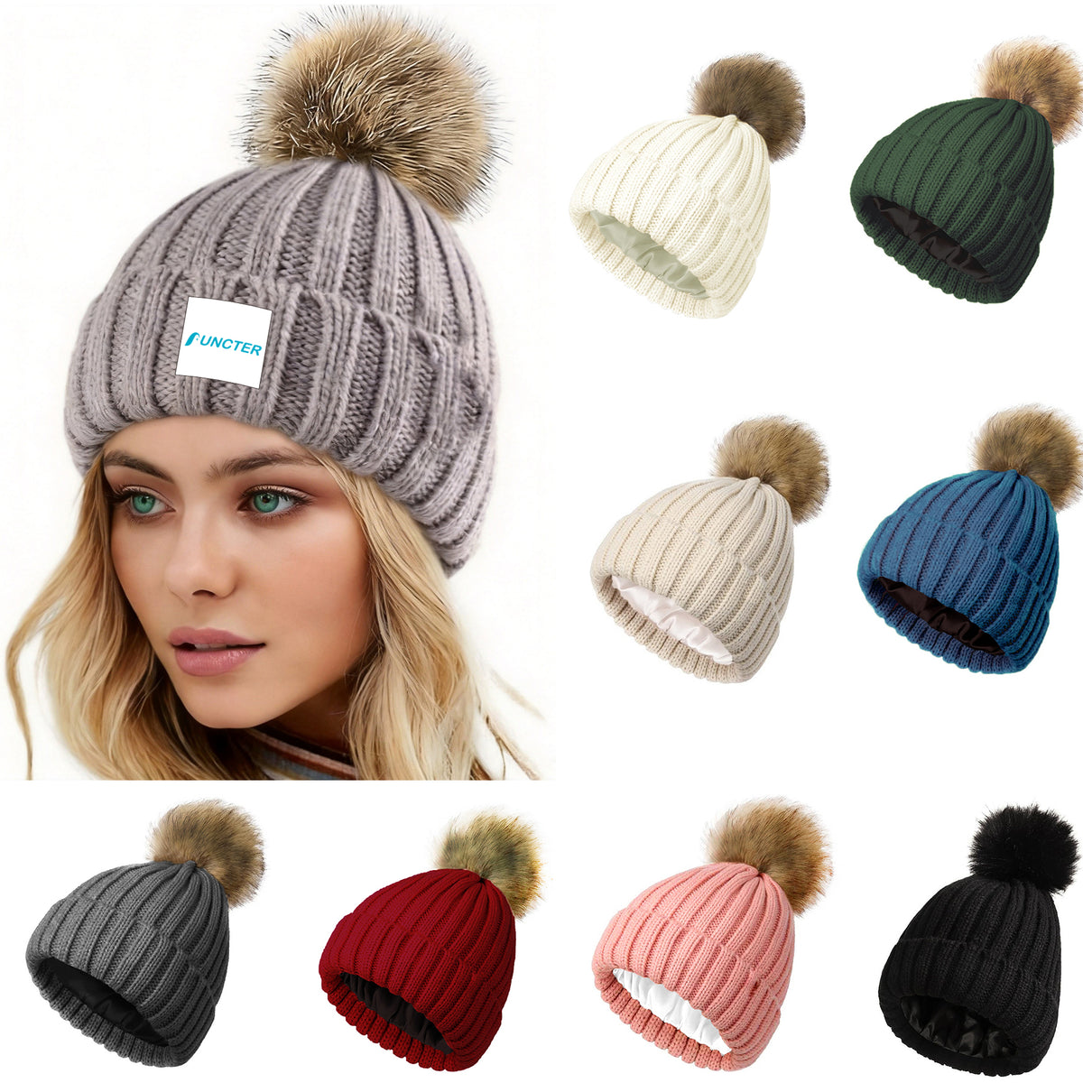 Adult Winter Knitted Beanie Hat with Faux Fur Pom