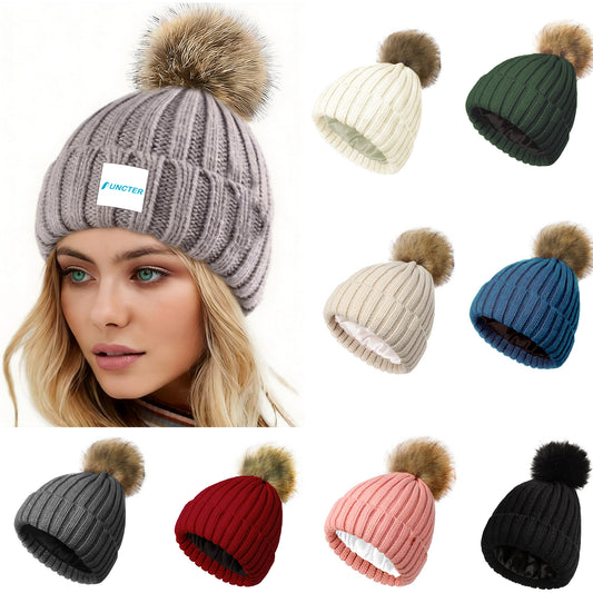 Adult Winter Knitted Beanie Hat with Faux Fur Pom