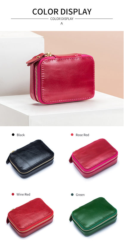 Full-grain Genuine Leather Zipper Makeup Bag Handle Bag Lipstick Storage Pouch W/Makeup Mirror
