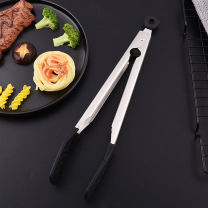 12" 304 Stainless Steel Food Tongs w/Silicone Locking Clip Barbeque Kitchen Tongs (Round Hole)