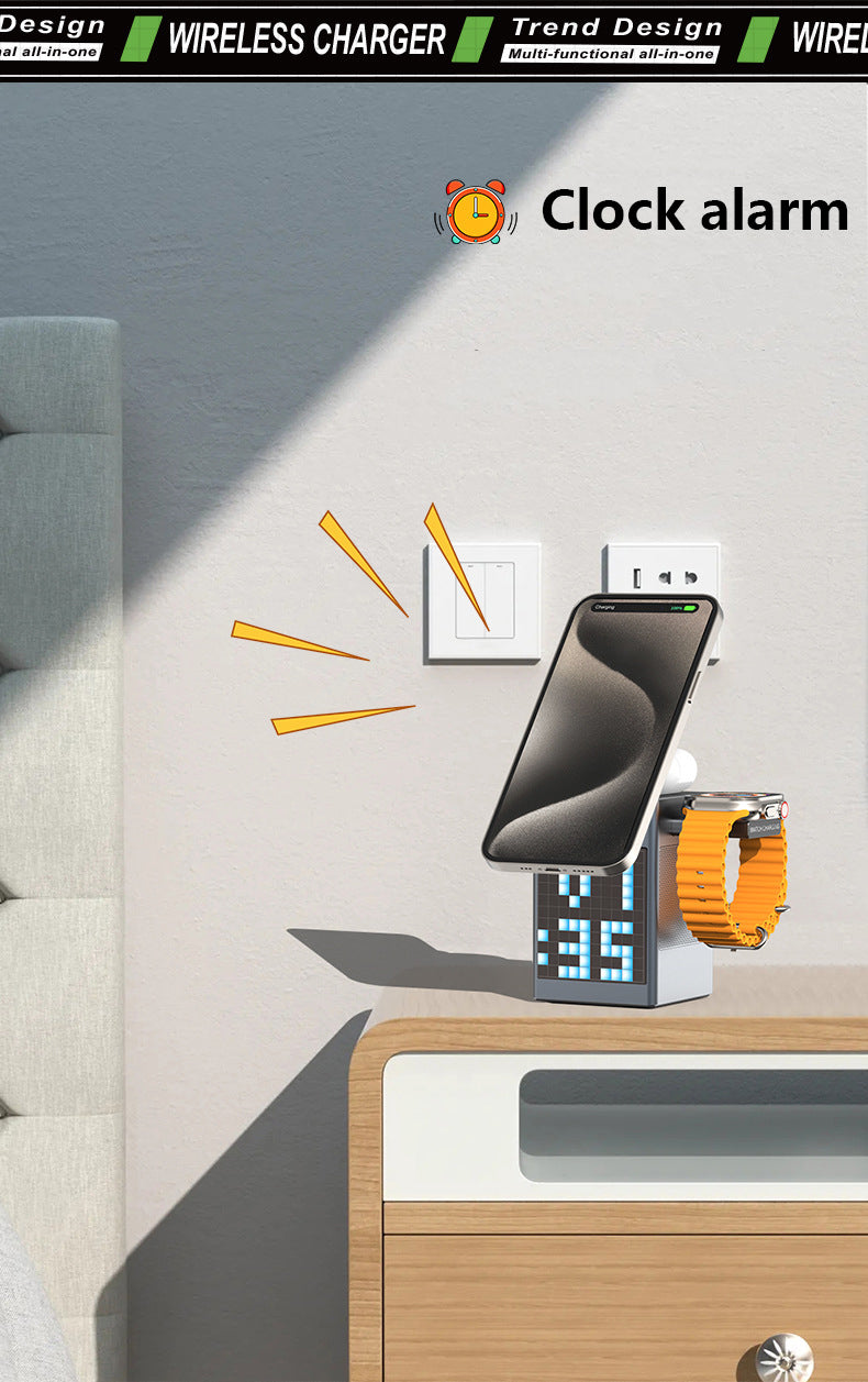 Magnetic 3" 1 Wireless Charging Station For Multiple Devices, Wireless Speaker, Clock Alarm