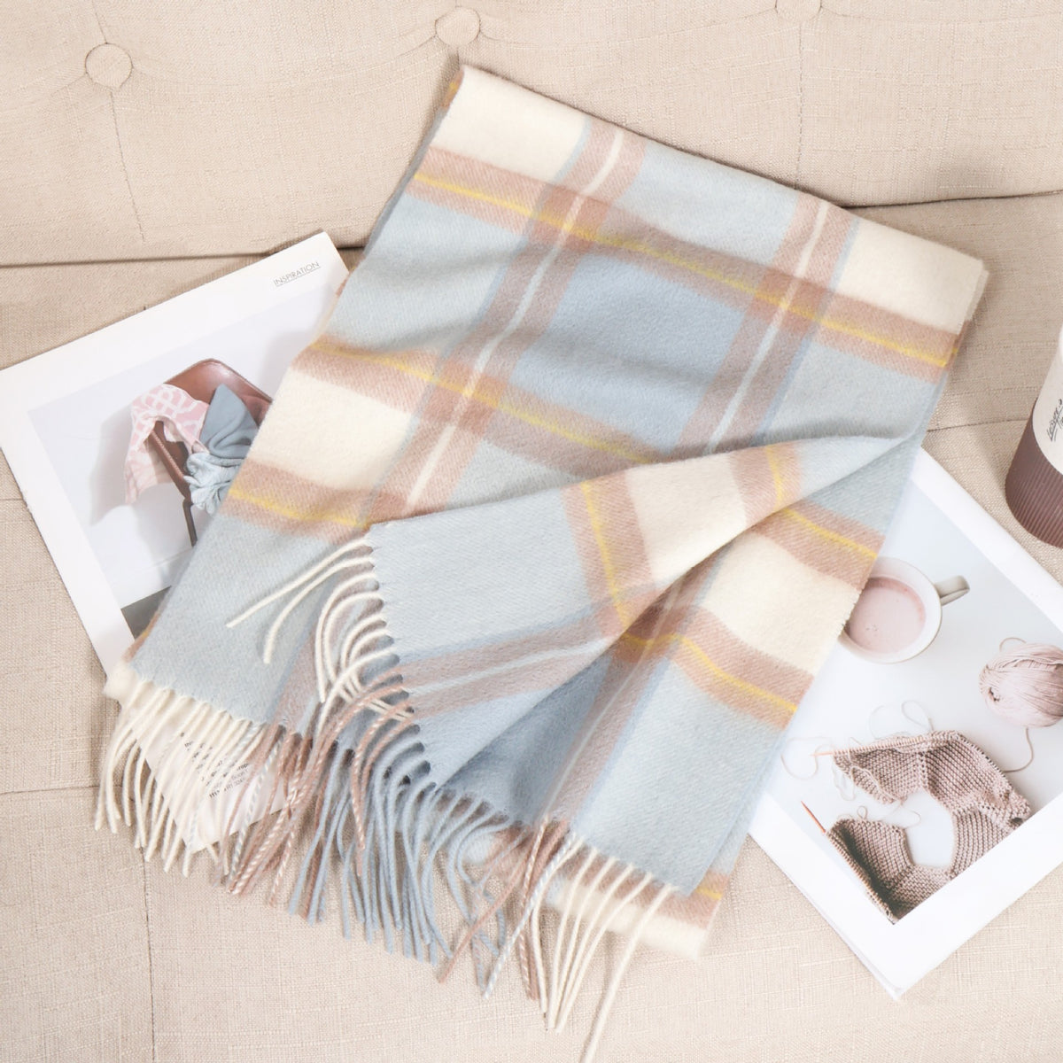 69'' Cashmere 100% Lambswool Tartan Scarf Warm Autumn Winter Scarf Solid Color Fringed Wool Scarf