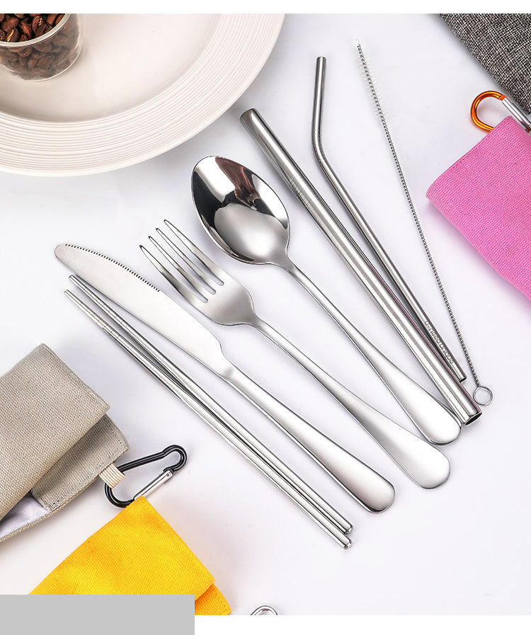 7-Piece 304 Stainless Steel Flatware Chopstick Spoon Straw Fork Knife Tableware Set W/Bag(Model A)