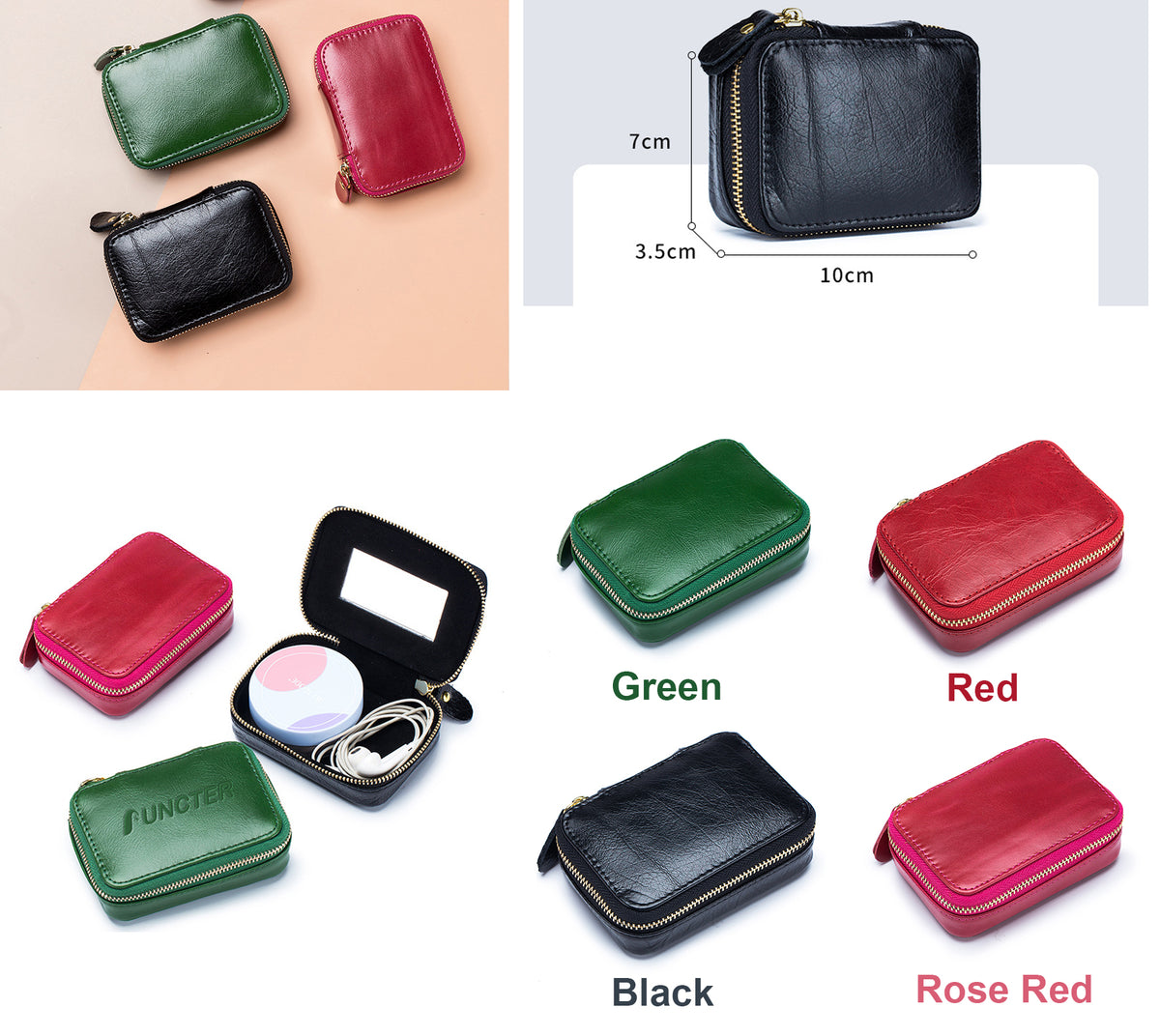 Full-grain Genuine Leather Zipper Makeup Bag Handle Bag Lipstick Storage Pouch W/Makeup Mirror