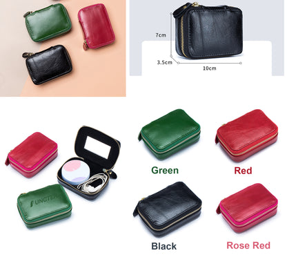 Full-grain Genuine Leather Zipper Makeup Bag Handle Bag Lipstick Storage Pouch W/Makeup Mirror