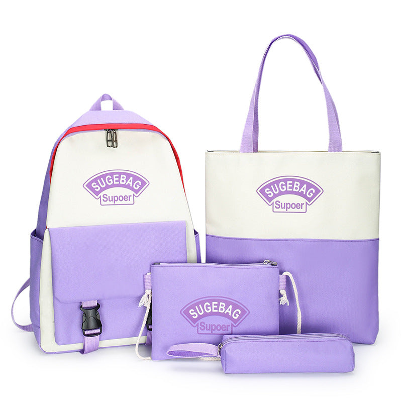 Nylon School Backpack 4-piece Suit Bookbag Four Set W/ Handbag Pencil Case Crossbody Bag Daypack