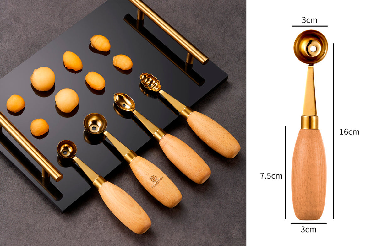 Round Gold 304 Stainless Steel Fruit Scoop Watermelon Scoop Ice Cream Scoop With Wood Handle