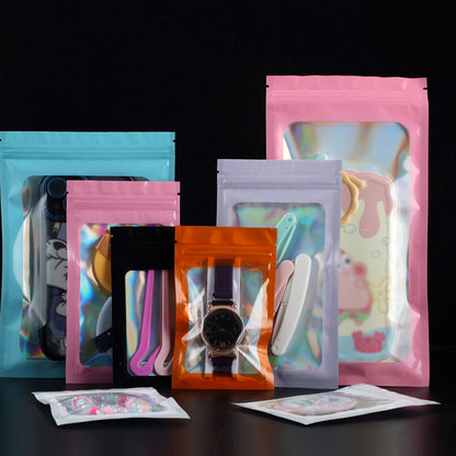 Custom Size 4x7.1" Iridescent Resealable Plastic Bags Clear Window Zipper Bag Zip lock Storage Pouch