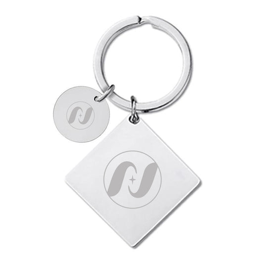 30 x 30 x 2 mm Silver Square Tag Keychain W/ Small Round Tag 15 mm Dia.