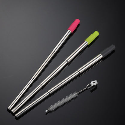 Reusable 304 Stainless Steel Collapsible Drinking Straw Cleaning Brushes Set W/ Case