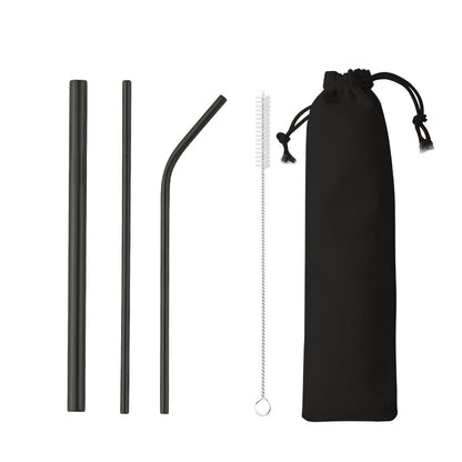 4-Piece 304 Stainless Steel Flatware Three Straws Brush Tableware Set W/Drawstring Bag(Black)