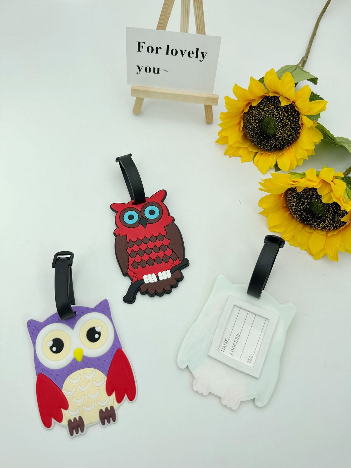 Owl-shaped 3D PVC Luggage Tag 3D Raised Soft Luggage Label for Suitcases