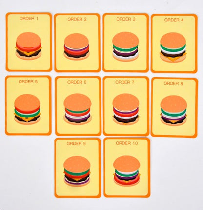 Wooden Sandwich/ Burger Stacking Toy Kids Pretend Play Food Set W/ Order Cards