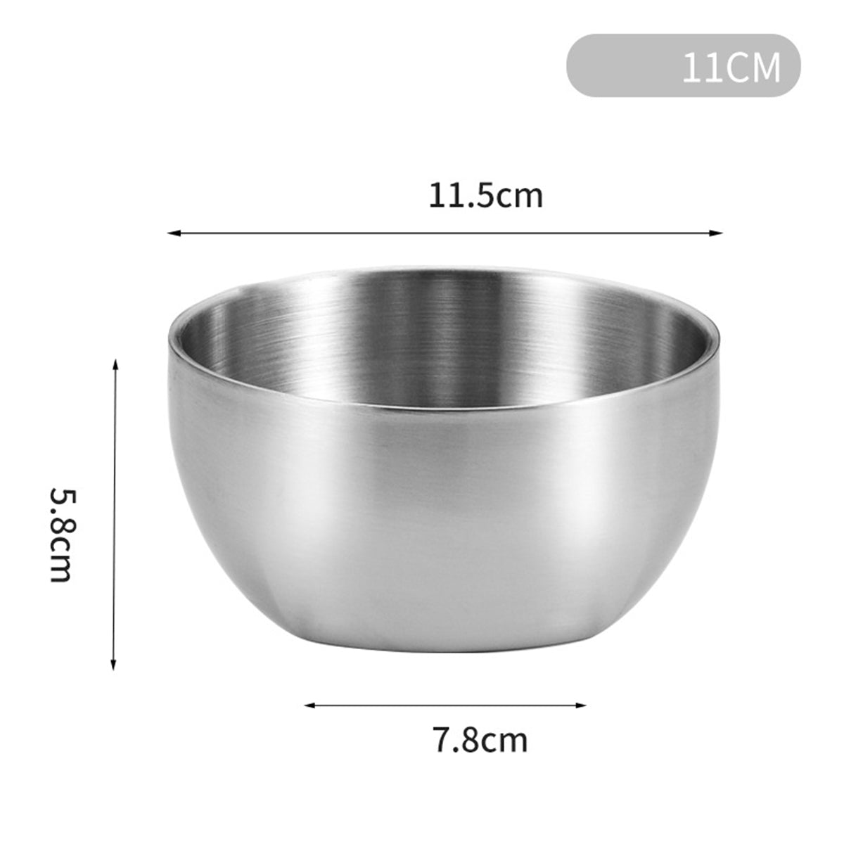 Silver 304 Stainless Steel Rice Round Bowl Heat-Resistant Soup Bowl Kimchi Double-Layer Bowl 115 mm