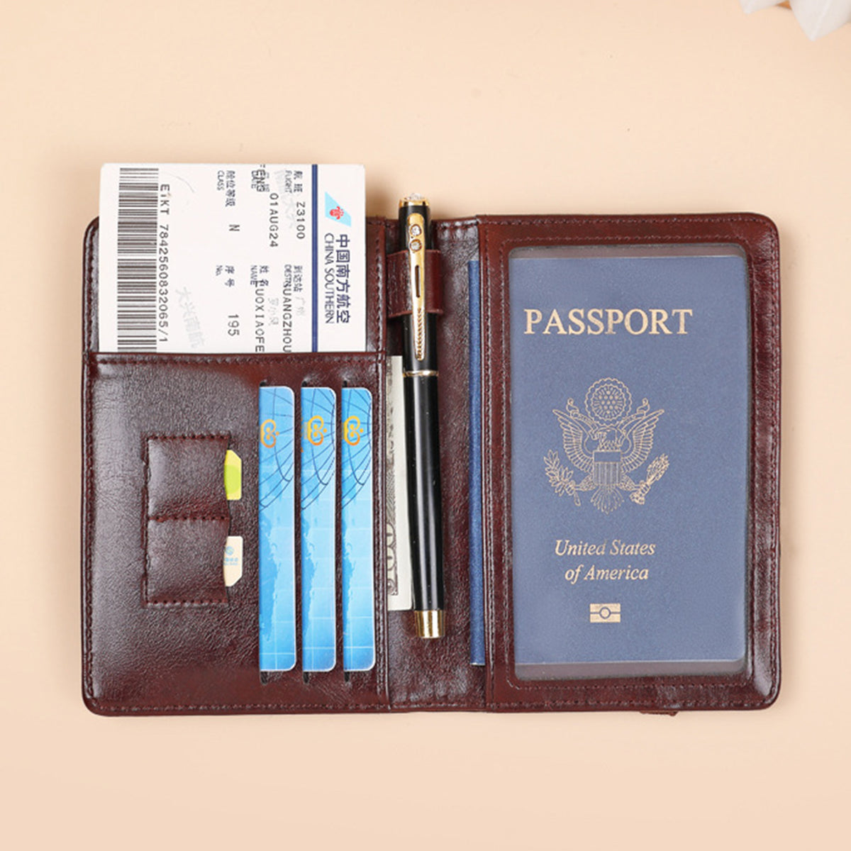 Portable PU Leather RFID Passport Cover w/ Removable ID Card Holder