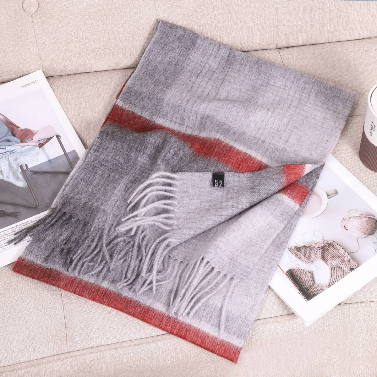 69'' Cashmere 100% Lambswool Tartan Scarf Warm Autumn Winter Scarf Solid Color Fringed Wool Scarf