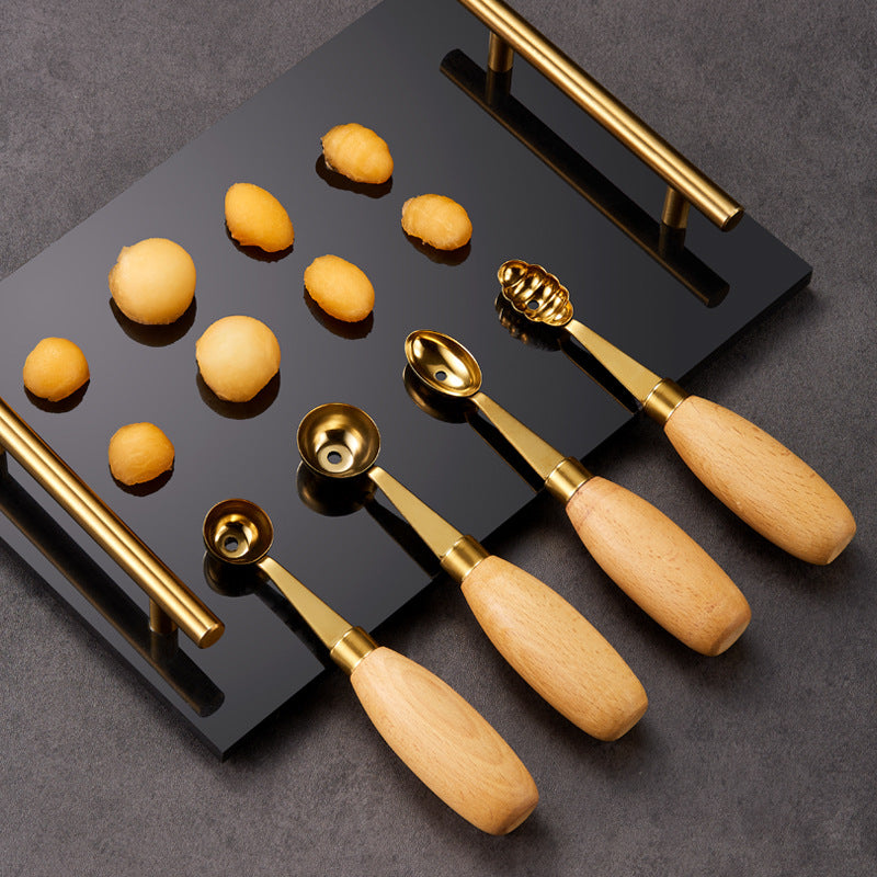 Oval Gold 304 Stainless Steel Fruit Scoop Watermelon Scoop Ice Cream Scoop With Wood Handle