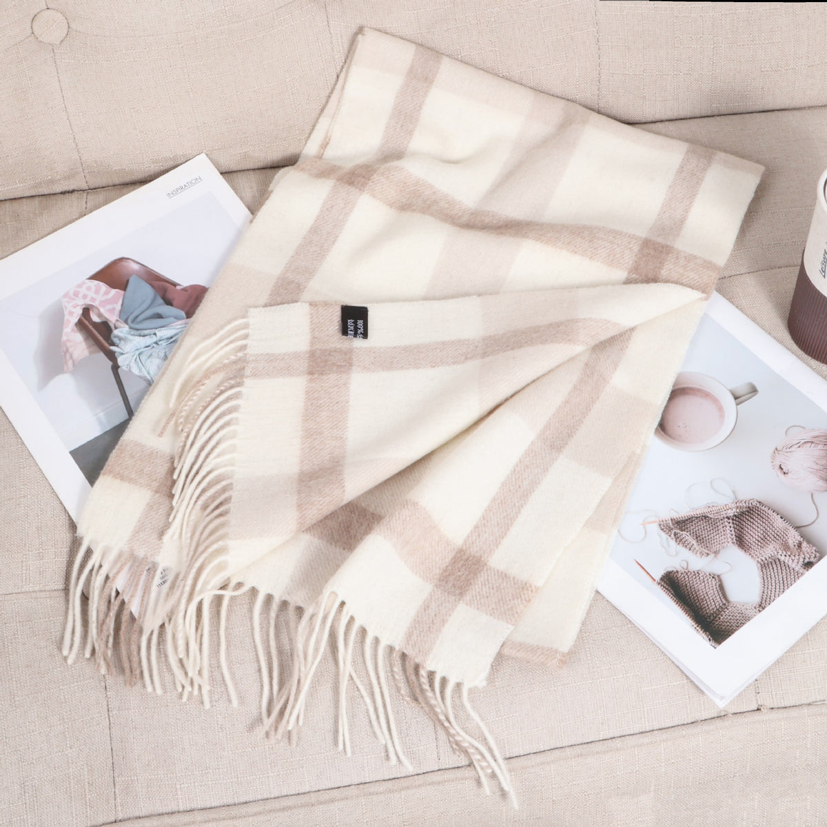 69'' Cashmere 100% Lambswool Tartan Scarf Warm Autumn Winter Scarf Solid Color Fringed Wool Scarf
