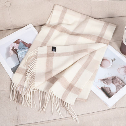 69'' Cashmere 100% Lambswool Tartan Scarf Warm Autumn Winter Scarf Solid Color Fringed Wool Scarf