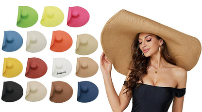Oversized Beach Straw Hat for Women, Fashion Large Wide Brim Visor Hats Handmade Roll Up Floppy Cap