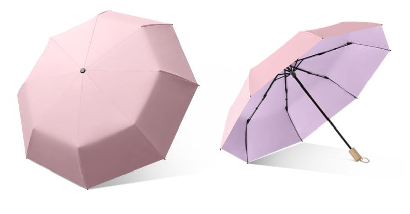 Windproof Solid Wood Handle Solid Color Three Fold Umbrella