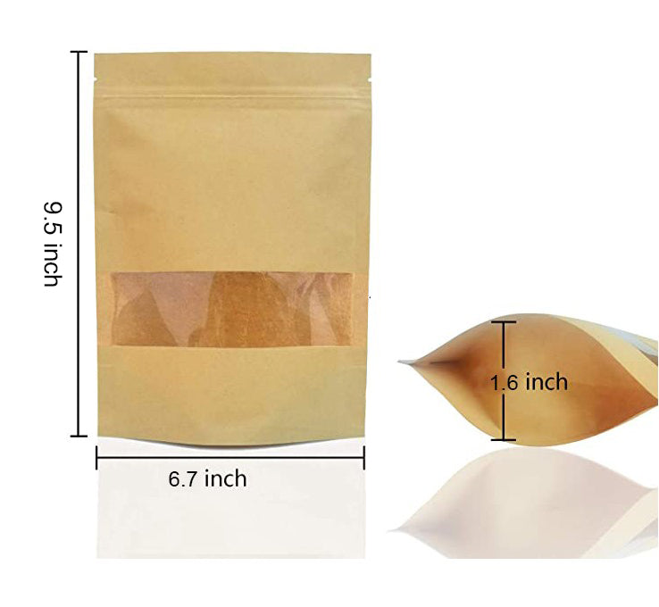 6.7 x 9.5" Kraft Bags with Window Stand Up Ziplock Seal Paper Bag Resealable Food Storage Pouch