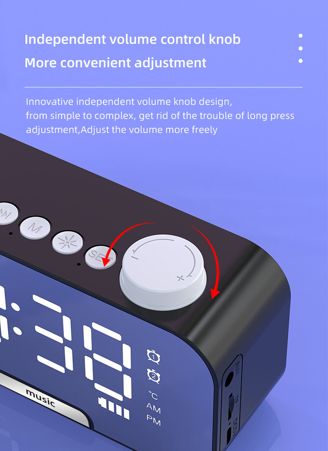 2000 mAh Digital LED Mirror Radio Alarm Clock Wireless Speaker W/Knob And Phone Bracket