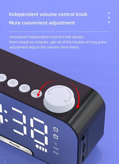 2000 mAh Digital LED Mirror Radio Alarm Clock Wireless Speaker W/Knob And Phone Bracket
