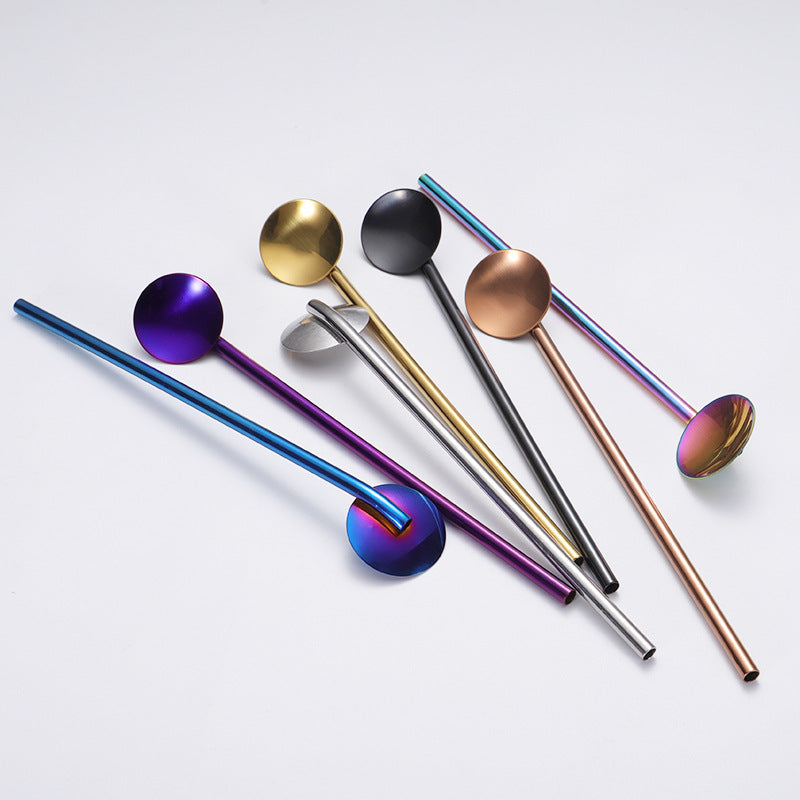 304 Stainless Straw Spoon Drinking Spoon With Straw Reusable Bar Spoon Straw (Silver)