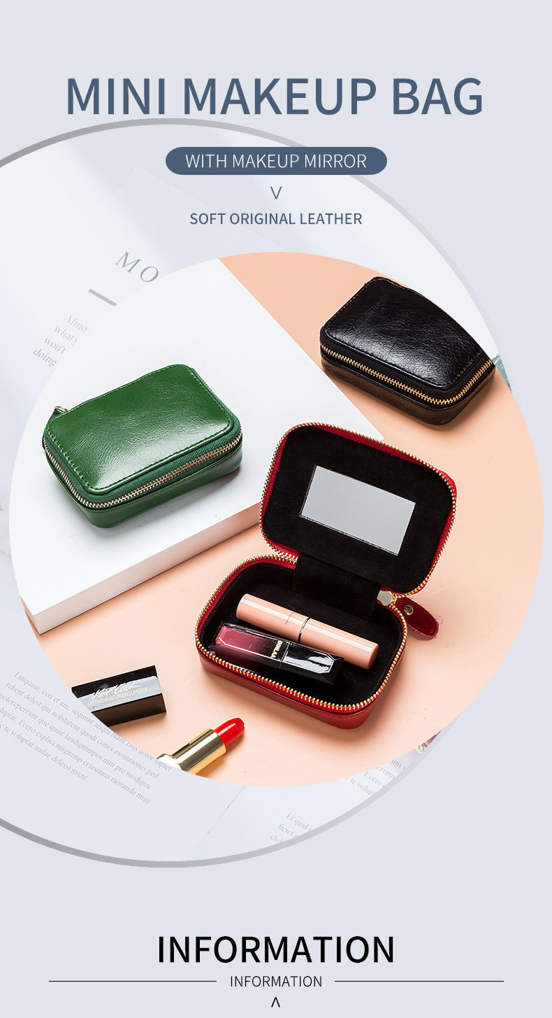 Full-grain Genuine Leather Zipper Makeup Bag Handle Bag Lipstick Storage Pouch W/Makeup Mirror