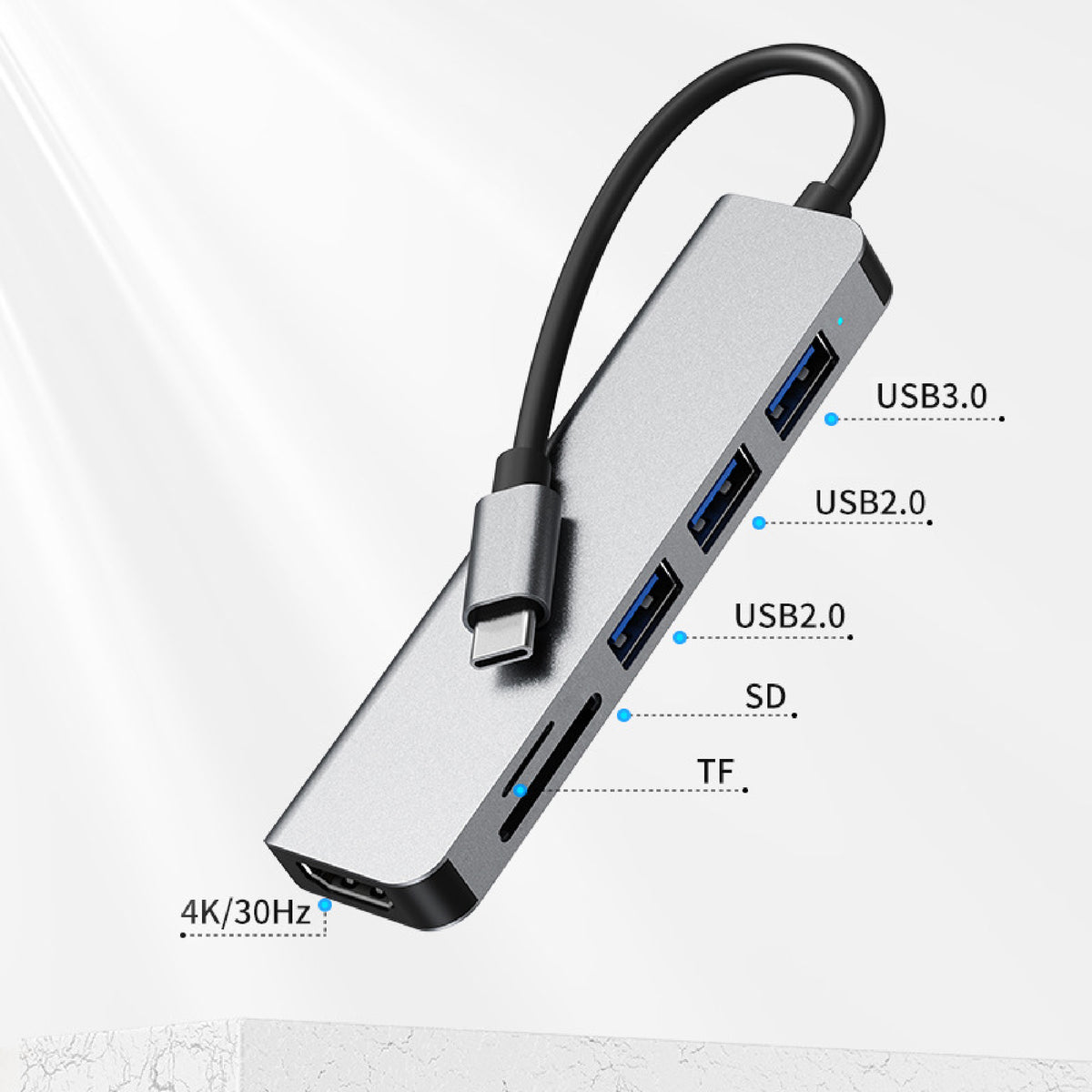 USB C Hub Multiport Adapter 6" 1 with HDMI USB 3.0 Data Port Card Reader
