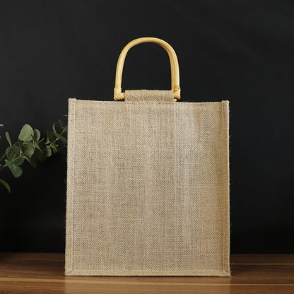 Eco-Friendly Burlap 4 Wine Bottle Bag w/ Cane Handle & Clear Window