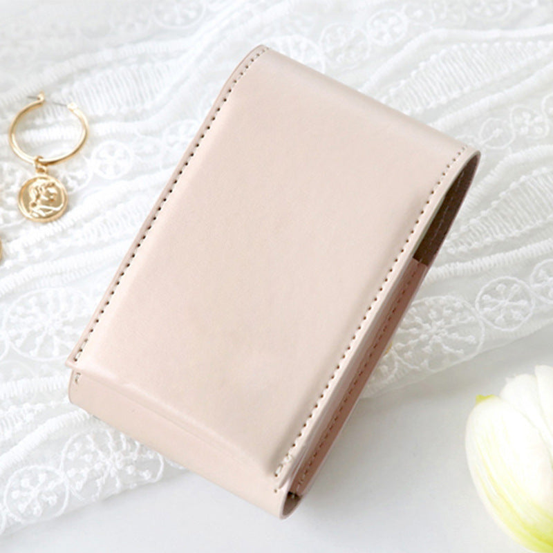 PU Leather Magnetic Buckle Makeup Bag Handle Bag Lipstick Storage Pouch W/Compact Mirror