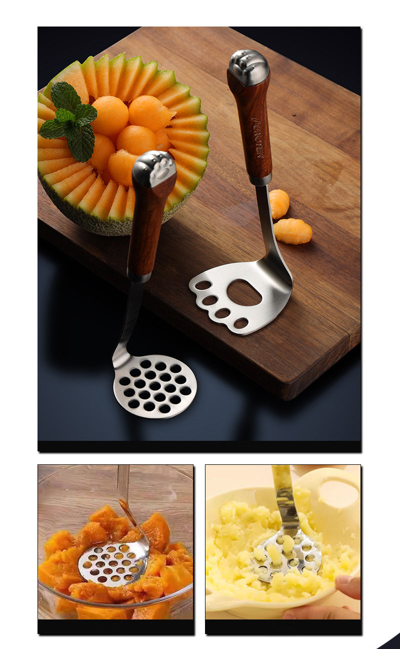 Potato Masher Kitchen Tool Stainless Steel Vegetable Masher W/ Cat Claw Shaped Wood Handle